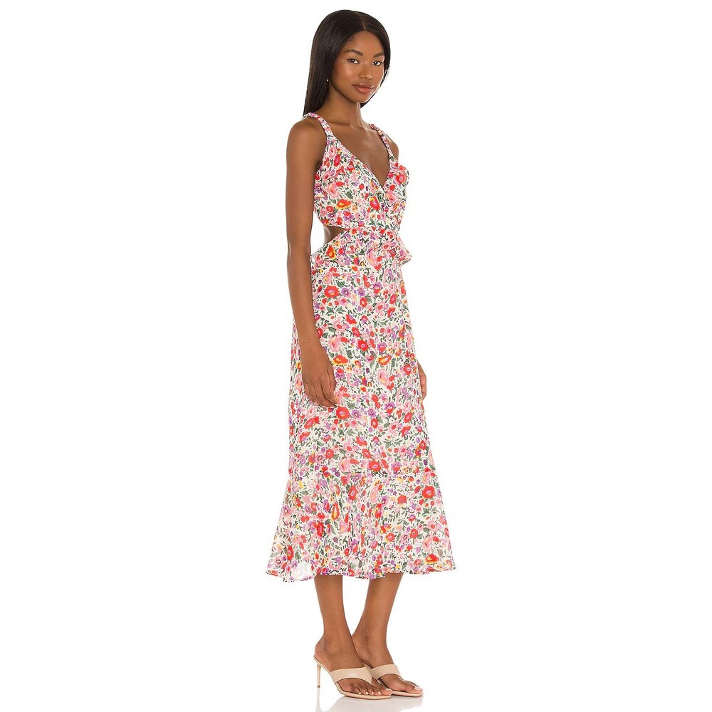 ASTR the Label Maxi Dress Size Large Wildfloral Red Pink Floral Ruffles Cutout